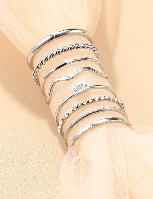 THUNARAZ 8Pcs Stackable Rings for Women Non Tarnish 14K Gold Plated Stainless Steel Dainty Rings Set Minimalist Thin Thumb Ring Cubic Zirconia Wave Statement Ring Bands for Women Size 5-10