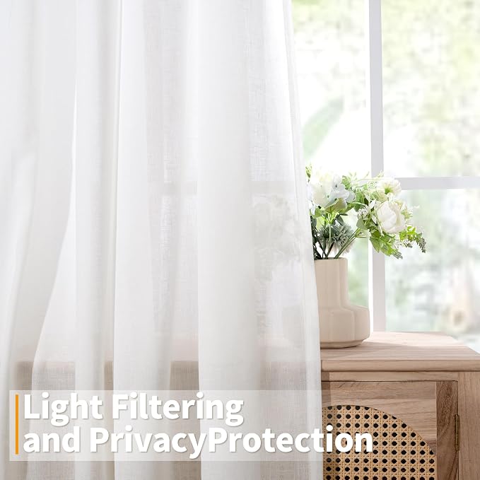 YoungsTex Linen Semi Sheer Curtains 63 Inches Length for Living Room - White Light Filtering Drapes with Grommet Textured Lightweight Window Treatments for Bedroom, 2 Panels, 52 X 63 Inch