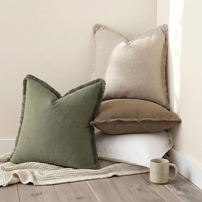 decorUhome Linen Fringe Olive Green Throw Pillow Covers 16x16 Set of 2 | Decorative Soft Accent Modern Boho Farmhouse Cushion Covers with Tassels Cotton Pillow Covers for Couch Bed Sofa