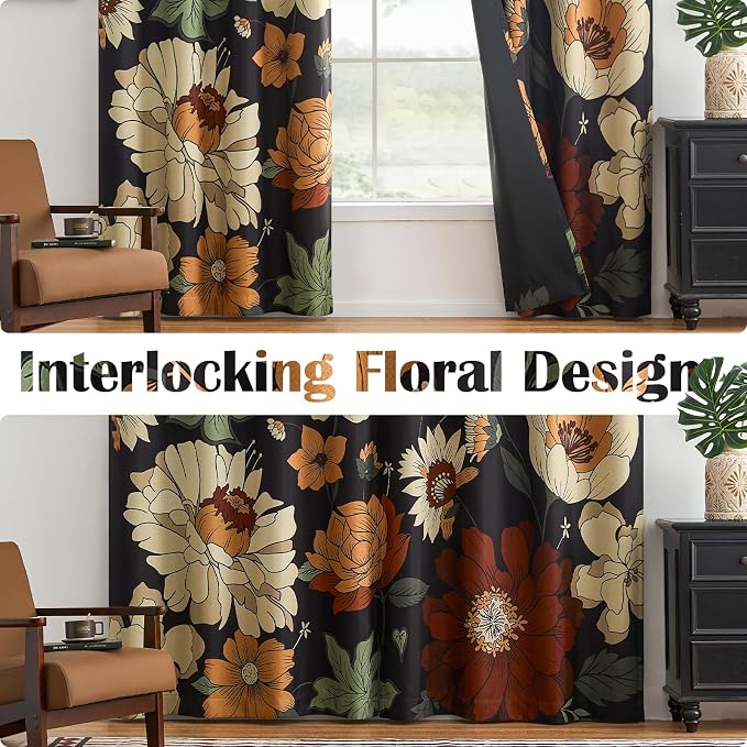 jinchan Black Boho Floral Blackout Curtains 84 Inch Grommet 4 Panels | Room darkening, Vintage, living room, bedroom, privacy, floral print, flower pattern, fall decor, window treatments