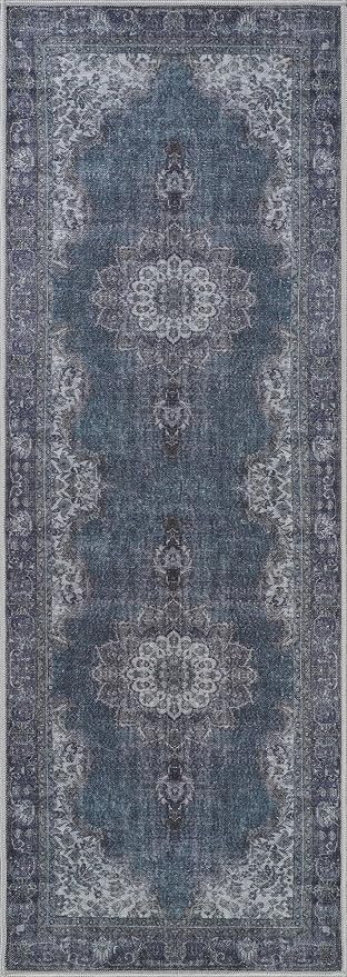 Bloom Rugs Washable Non-Slip 12 ft Runner - Dark Teal Traditional Medallion Runner for Entryway, Hallway, Bathroom, and Kitchen - Exact Size: 2.5' x 12'