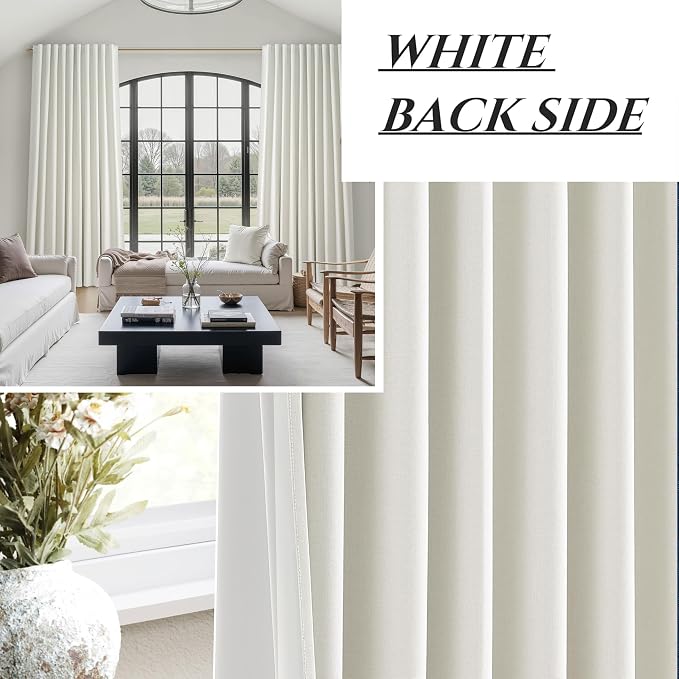 Cute Blackout Curtains 70 Inches Extra Wide Linen 96 Inch Length for Living Room/Sliding Glass Door,Pleated Heavy Duty Thermal Drapes for Winter Thick Large Window(70"Wx96"L 2 Panels Beige White)