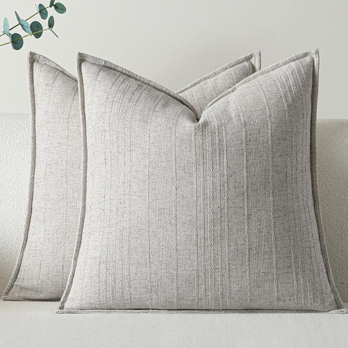 a moment Linen Pillow Covers Set of 2,Boho Farmhouse Throw Pillowcases Neutral Textured Decorative Covers for Couch Sofa Bed, Soft Linen Blend Accent Case Cushion Home Decor 20"x20" Beige Grey