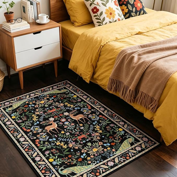 Small Vibrant Black Entryway Rug 2x3 - Front Door Rug Indoor Entrance, Small Carpet for Kitchen Floor, Bathroom, Powder Room, Washable Low Pile Non Slip, Floral Print Home Décor