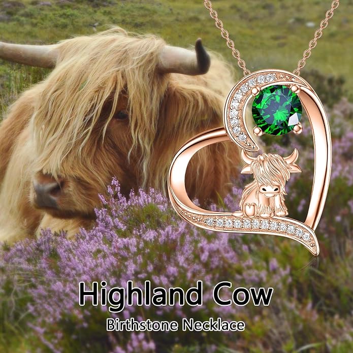 Highland Cow Gifts for Women 925 Sterling Silver Highland Cow Birthstone Necklace Fluffy Cow Jewelry Gifts Birthday Christmas
