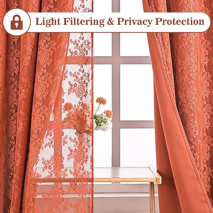 Yinhua Terracotta Curtains for Living Room Double Layer Curtain with Sheer Overlay Farmhouse Blackout Curtains for Bedroom 63 Inch Length, Grommet Drapes with Tiebacks, 2 Panels