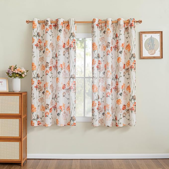 MYSKY HOME Orange Semi Sheer Floral Curtains Linen Printed Drapes,Light Filtering Flower Print Grommet for Living Room Bedroom Farmhouse Decor,52x63 Inch,2pcs