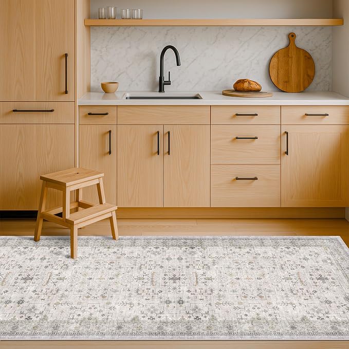 Hazo Haus Washable Neutral 2x6 Bathroom Runner Rug, Vintage Kitchen Floor Mat for Indoor Entrance and Bedroom, Light Gray & Sage Geometric Runner Rug Decor, Low Pile Stain Resistant