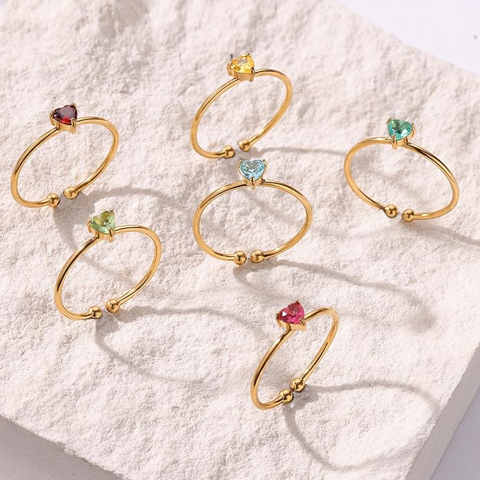 Lit Wall Birthstone Rings for Women Dainty 14k Gold Plated Non Tarnish Gold Heart Rings Adjustable Size Stackable CZ Ring Gold Simulated Gemstone Rings Birthday Gifts for Women