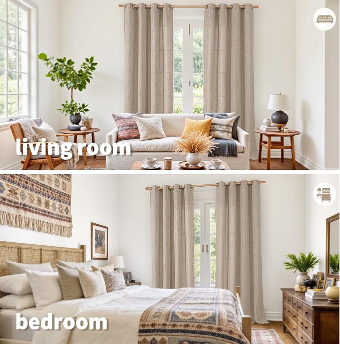 YoungsTex Oatmeal Linen Curtains 98 Inch Length for Living Room Window, Light Filtering Drapes Rustic Semi Sheer with Bronze Grommet Privacy for Bedroom Farmhouse Decorative, 52 x 98 Inch, 2 Panels