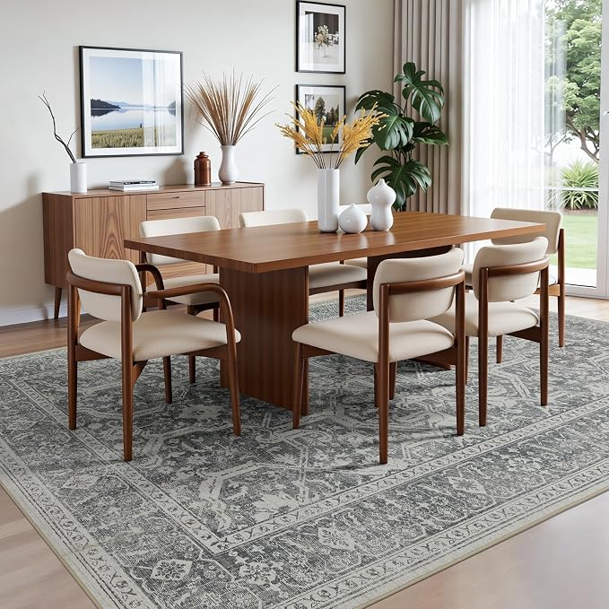 Joydeco 5x7 Area Rugs for Living Room, Non Slip Machine Washable Vintage Rug, Low Pile Thin Chenille Print Rugs for Bedroom, Dining Room, Pet & Child Friendly, Home Office, Light Gray&Dark Gray&White