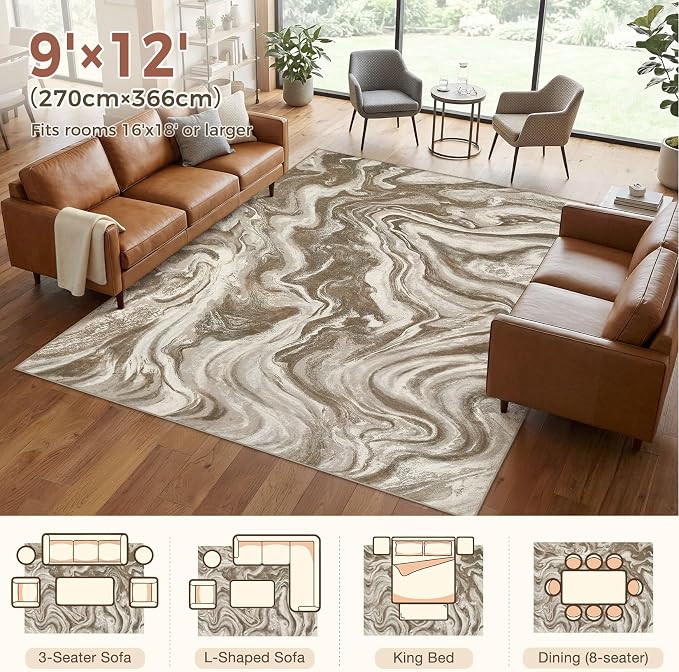 DMOYEST 9x12 Area Rug for Living Room:Washable Modern Neutral Abstract Rug with Low Pile Non Slip Soft Thin Large Indoor Carpet for Bedroom Dining Room Home Office Decor-Sand Brown