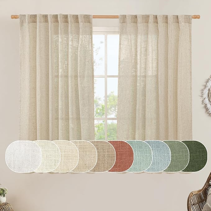 LAMIT Semi Sheer Linen Curtains 54 Inch Length 2 Panels, Light Filtering Panels Back Tab and Rod Pocket Neutral Drapes for Small Window/Bedroom, 52 x 54 Inch