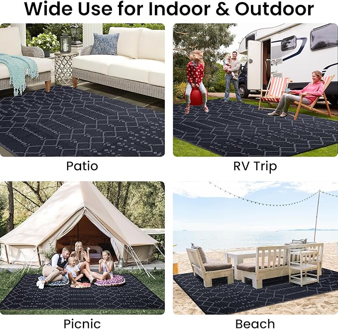 Smiry Outdoor Rug 8x10 ft, Waterproof Reversible Plastic Straw Rugs, Boho Outdoor Area Rug, Outside Floor Mat for Patio, Backyard, Deck, Picnic, Beach, Camping, Dark Grey