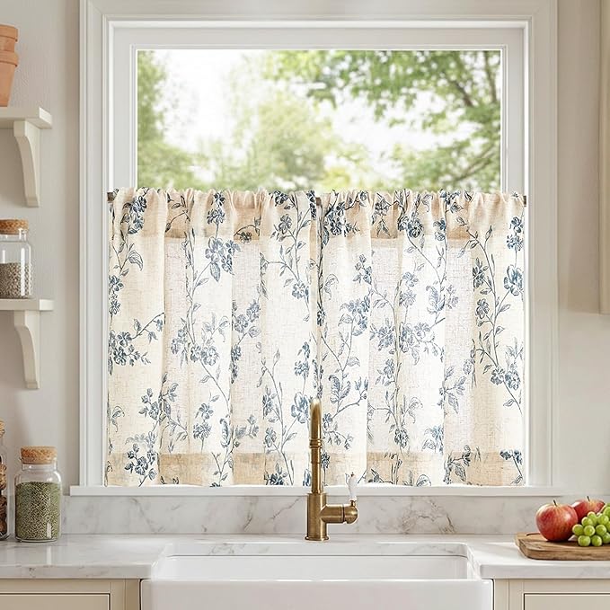 Lazzzy Elisa Floral Kitchen Curtains 24 Inch Linen Cafe Curtains Farmhouse Half Window Drapes Over Sink Light Filtering for Small Windows Rod Pocket Back Tab 2 Panels Blue on Beige