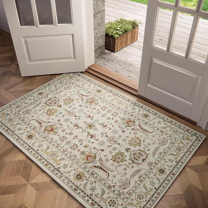 Washable 2x3 Entryway Rug, Boho Vintage Non-Slip Door Mat, Beige | 0.3" Neutral Throw Small Rugs for Bedroom Kitchen Nursery Entrance, Cushioned for High-traffic Area