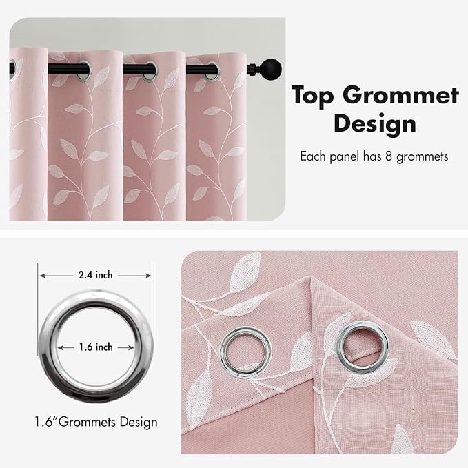 MIULEE Double Layer Curtains 63 Inches Long, White Leaf Patterned Sheer Floral Drapes and Pink Blackout Room Darkening Window Curtains for Living Room Bedroom, Grommets Top, 52" W x 63" L, 2 Panels