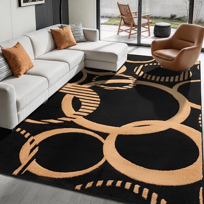 YIHOUSE Black and Gold 8x10 Area Rugs for Living Room Washable | 3D Textured Rug for Bedroom Non Slip, High and Low Pile, Soft Modern Carpet for Dining Room Playroom Home Office Decor
