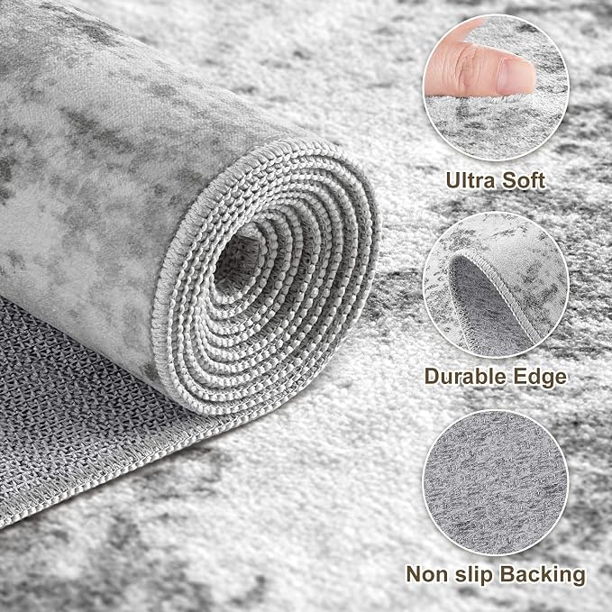 Washable Runner Rug 3x8, Non Slip Neutral Area Rug for Hallway | Modern Abstract Carpet, Stain Resistant and Kid & Pet Friendly, Made for Kitchen, Bedroom, Entryway, Laundry, Kitchen - Gray