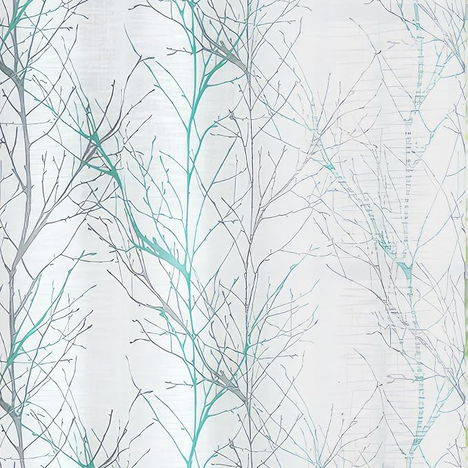 FMFUNCTEX Linen Aqua Blue White Semi Sheer Print Curtains 63 Inch 2 Panels | Branch Sheer Patterned Drapes, Light Filtering Grommet Panels for Bedroom, Living Room, Basement, and Farmhouse Curtain
