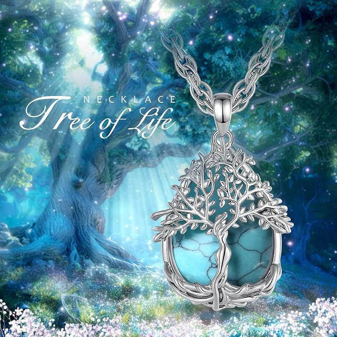 Vito Tree of Life Necklace for Women Men, Silver Plated Copper Teardrop Moonstone/Obsidian/Turquoise/Amethyst/Malachite Crystal Tree Necklace Protection Energy Amulet Jewelry Gift for Mom Wife, 20+2"