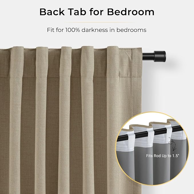 INOVADAY 100% Blackout Curtains for Bedroom, Earthy Beige Black Out Curtains 102 Inch Long, Clip Rings Linen Blackout Drapes, Thermal Insulated Room Darkening for Living Room, 2 Panels - W50xL102