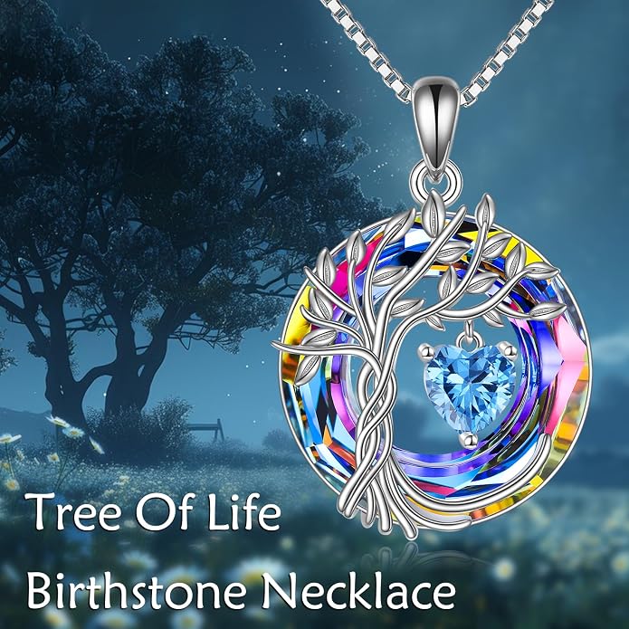 POPLYKE Mothers Day Gifts for Mom Her Wife Tree of Life Necklace 925 Sterling Silver Birthstone Pendant with Crystal Anniversary Birthday Wedding Jewelry for Women