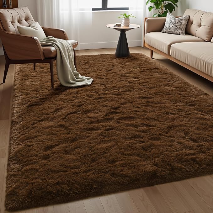 Fluffy Area Rugs for Bedroom Decor Aesthetic, 8x10 Large Brown Shag Rug with Non-Slip Backing for Living Room, Fuzzy Plush Carpet Washable Rug Modern Home Decor for Kids Nursery Boys Room