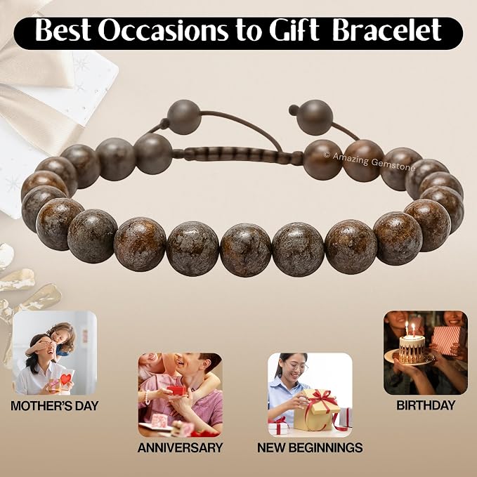 Amazing Gemstone Brown Snowflake Obsidian Bracelet for Women Men's Gifts - Protection Healing Crystal Bracelet - 8mm Gemstone Beaded Adjustable Bracelet Pulseras para Hombres Mujer Stocking Stuffers