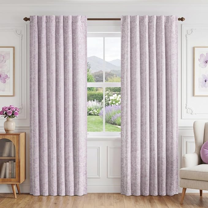 Beauoop Purple Floral Jacquard Blackout Curtains for Bedroom 52x96 2 Panels | Flower Chenille Room Darkening Drapes for Living Room 96 Inch Long Thermal Insulated Soundproof Window treatment Rod Pocket