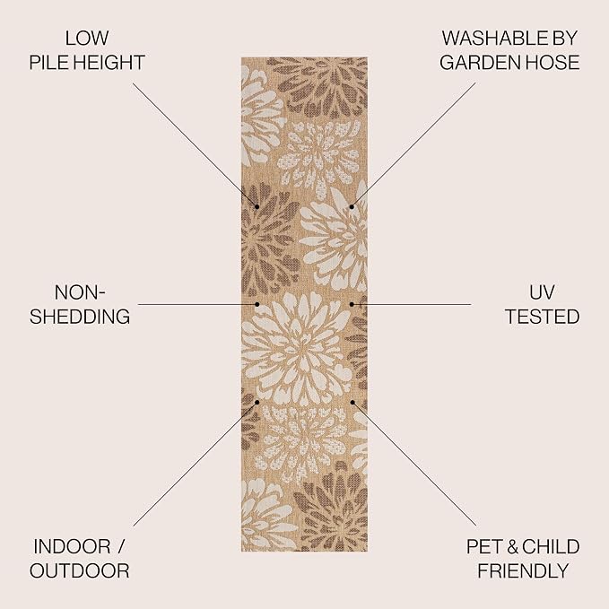 JONATHAN Y Floral Textured Weave Indoor Outdoor Runner Rug 2X10 Brown/Cream, Zinnia Modern for Backyard, Patio, Porch, Easy-Cleaning, High Traffic, Pet-Friendly, Non-Shedding (SMB110I-210)