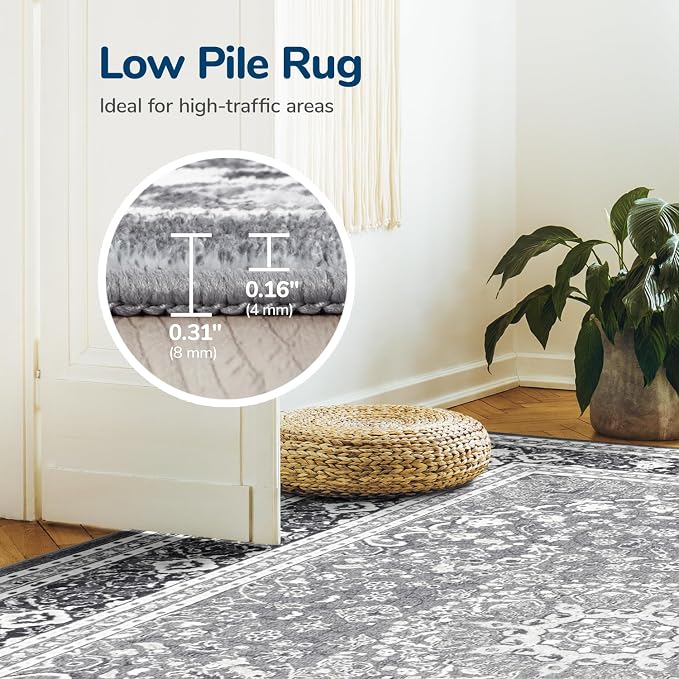 Lessymo 6x9 Bedroom Area Rugs- Machine Washable Area Rugs, Super Soft Faux-Wool Area Rug for Living Room, Boho Area Rug Vintage Floral Medallion Non-Slip Low Pile, Grey White