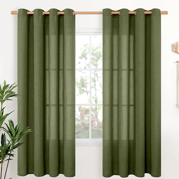 YoungsTex Olive Linen Curtains 72 Inch Length 2 Panels for Living Room, Dark Green Semi Sheer Drapes with Bronze Grommet Window Treatments Light Filtering for Bedroom Dining, 52 X 72 Inch