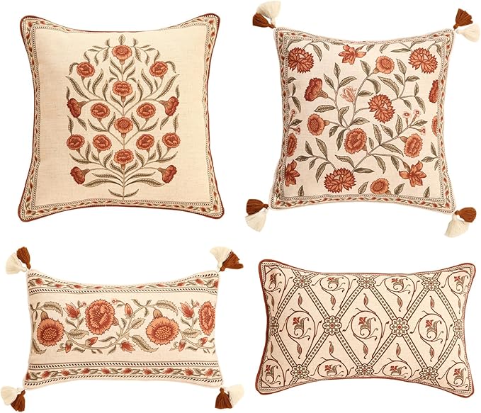 ISAENNE Designer Elegant Linen Throw Pillow Cover,Set of 4-Albano ABCD | French Cottage Pillow Cover,Concealed Zipper,Floral Pattern,Sofas,Bedroom,Living Room,Lounge Chairs,All Season Home Decor