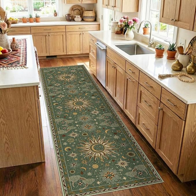 Vacuum-Friendly, 2x8 Washable Area Rug, Green Brown | Sun and Moon Boho Gothic Non-Slip Low Pile Living Roon Bedroom Dining Room Kitchen Entry Entryway Entrance Hallway Doormat