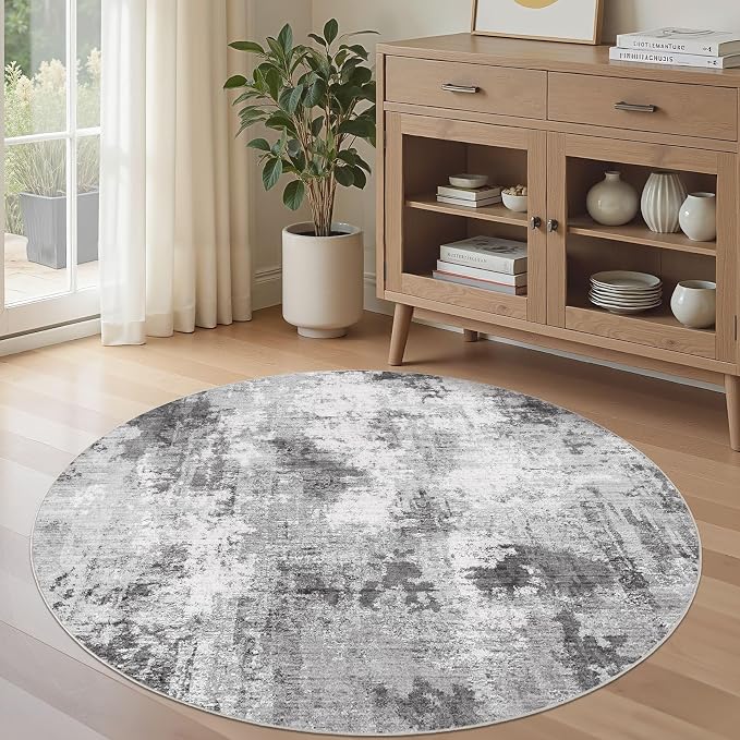 Abstract 9FT Round Rug: Machine Washable Non Slip Ultra Thin Low-Pile Carpet, Soft Stain Resistant for Living Dining Room Bedroom, Kid Pet Friendly, Robot Vacuum Compatible - Grey