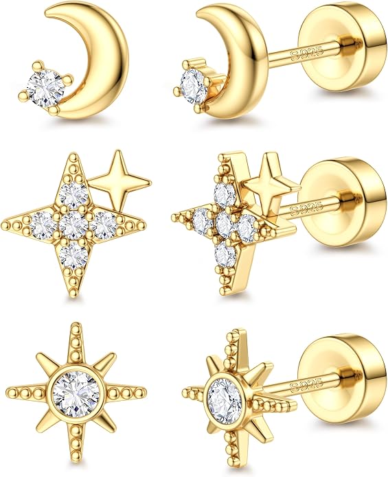 ORAZIO 925 Sterling Silver Flat Back Stud Earrings for Women Hypoallergenic 14K Gold Plated Cartilage Earrings for Sensitive Ears Small CZ Opal Conch Helix Tragus Piercing Jewelry 3 Pairs 20G