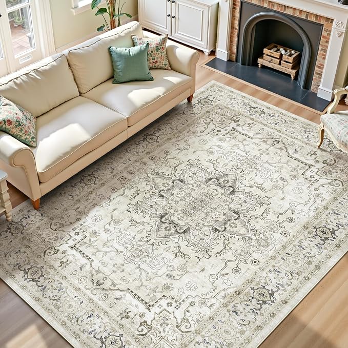 Lofus 8x10 Area Rugs for Living Room, Washable Area Rug, Rugs for Bedroom, Kitchen, Vintage Boho Carpet, Soft Non-Slip, Low Pile Large Area Rug for Office Dining Room, Beige and Brown