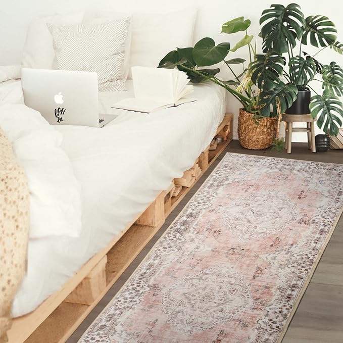 MUJOO Pink Runner Rug Washable 2x6 Area Rugs Non Slip Low-Pile Flowers | Long Throw Carpet for Hallways Entryway Kitchen Bathroom Bedside Bedroom Laundry Boho Soft Indoor Retro Floral Light Blush