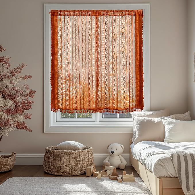 Sutuo Home Terracotta Boho Kitchen Curtains 54 inches Long, Burnt Orange Cottagecore Semi Sheer Privacy Crochet Vintage Tassels Bohemian Lace Window Curtains for Nursery Rod Pocket, 2 Panels 50" W