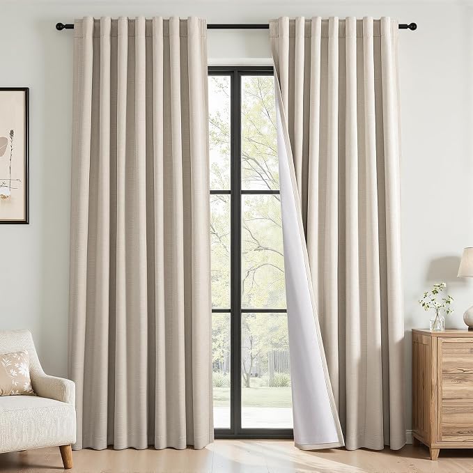 Topfinel 105 Inch Long Oatmeal Full Blackout Linen Curtains for Living Room, Rod Pocket & Back Tab Room Darkening Sliding Glass Door Panels, Rustic Linen Look For Bedroom Windows, Oatmeal 52"W*105"L