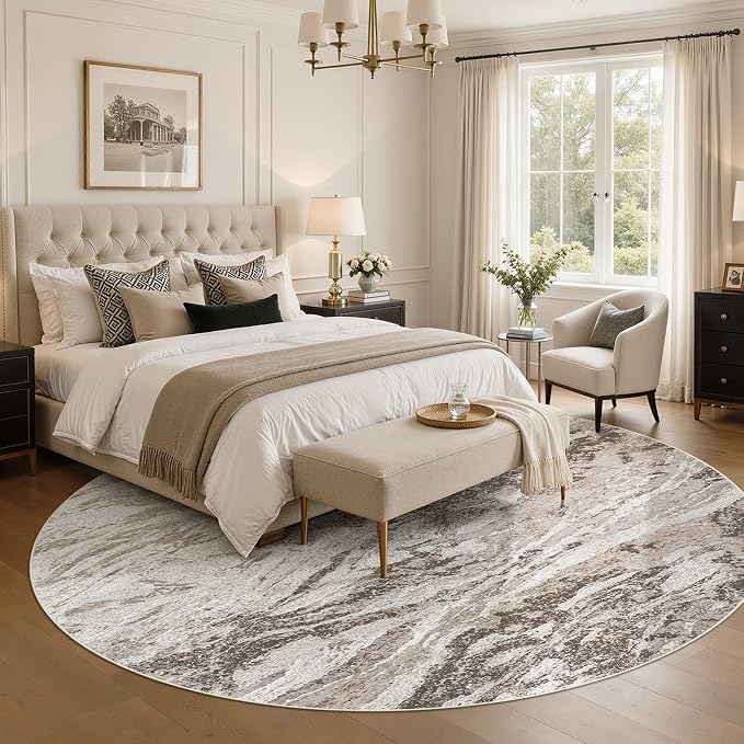 Area Rugs for Living Room: 6ft Round Abstract Washable Rug Modern Neutral Large Soft Stain Resistant Non-Slip for Bedroom Dining Room Indoor Home Office Carpet - Brown