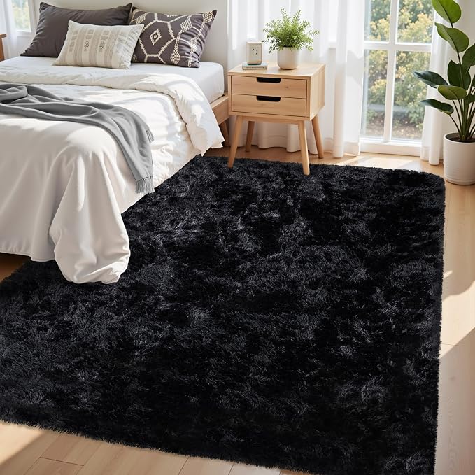 5x8 Area Rug for Living Room:Ultra Soft Fluffy Shag Black Rugs,Large Fuzzy Plush Indoor Non Slip Carpet Washable Rug for Bedroom Kids Nursery Office Dorm Modern Decor(Black 5'x8')