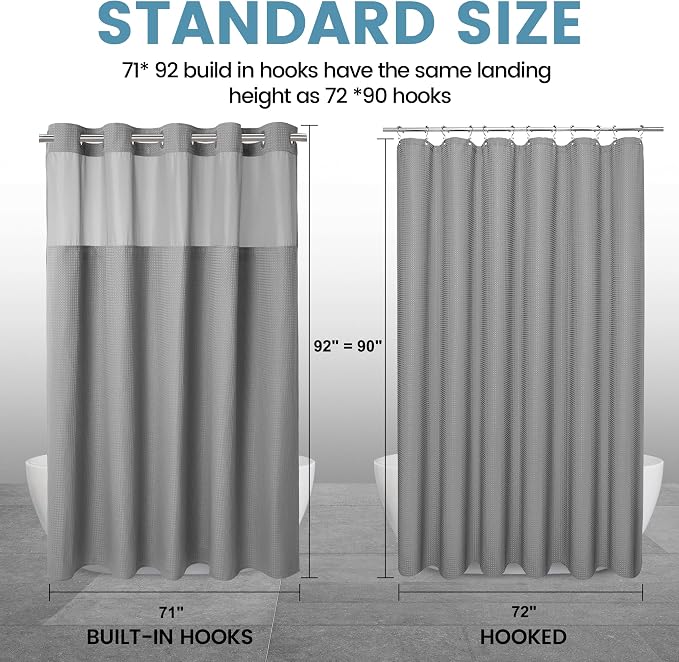 EUTXL Heavyweight Extra Long No Hook Shower Curtain with Snap in Liner,256GSM Waffle Weave Shower Curtains for Bathroom,71W x 92H,Grey