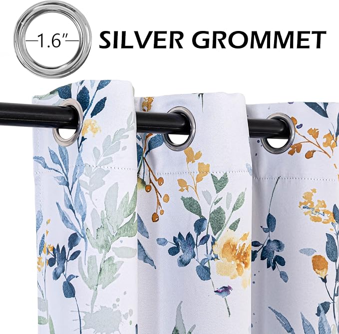 MYSKY HOME Floral Blackout Curtains 63 Inch Long Living Room Bedroom Summer Curtains Thermal Insulated Curtains Room Darkening Curtains Printed Flower Leaf Window Treatments, 2 Panels, Yellow and Blue
