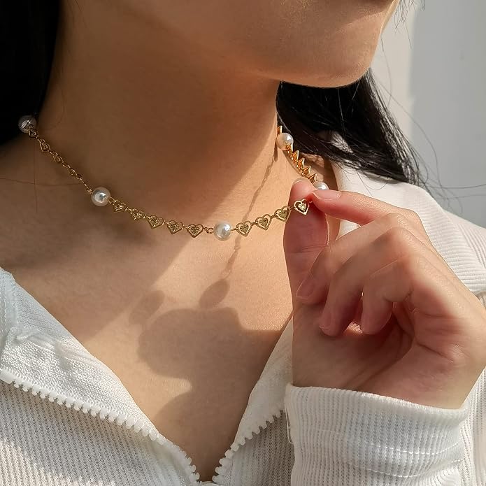 Pearl Necklace Love Heart Choker Link 18k Gold Infinite Elegant Forever Short Satellite Tiny Chain Dainty Cute Statement Valentine's Day Gift Handmade Vintage Jewelry for Women