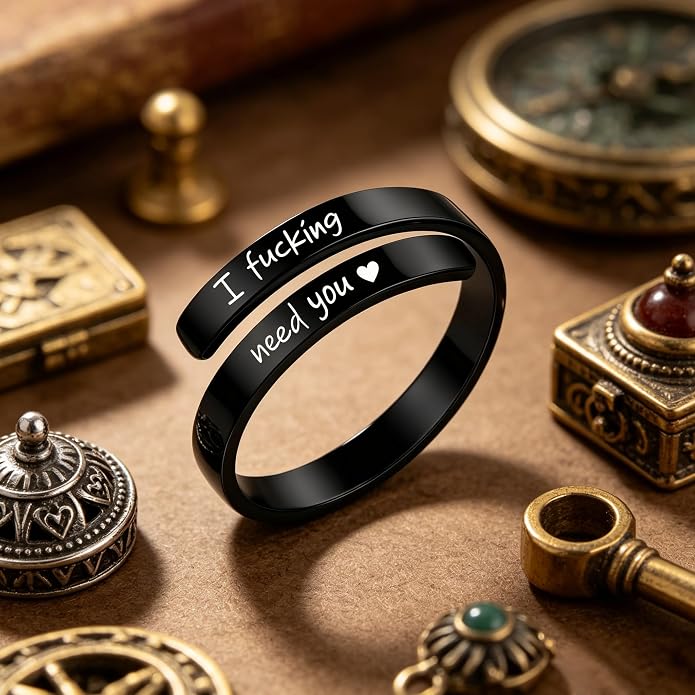 I Fcking Love You Ring, Stainless Steel Engraved Inspirational Words Heart Open Adults Women Vintage Promise Rings Lover Wife Jewelry