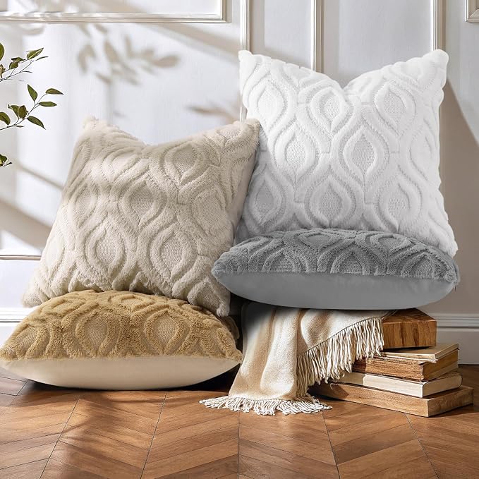 decorUhome Beige Cream White Faux Fur Throw Pillow Covers 18x18 Set of 4 | Fall Soft Neutral Decorative Plush Couch Pillow Covers, Accent Modern Farmhouse Neutral Pillow Cases for Sofa Bed Living Room