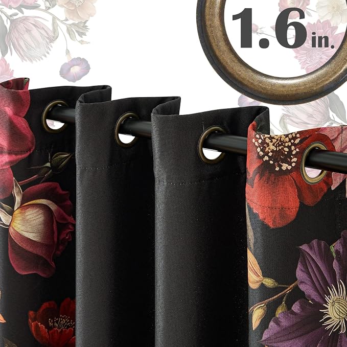 jinchan Black Floral Blackout Curtains 96 Inch Vintage Grommet 2 Panels | Room darkening, privacy, vibrant flower print, retro boho bohemian drapes, bedroom, living room, fall decor, window treatment