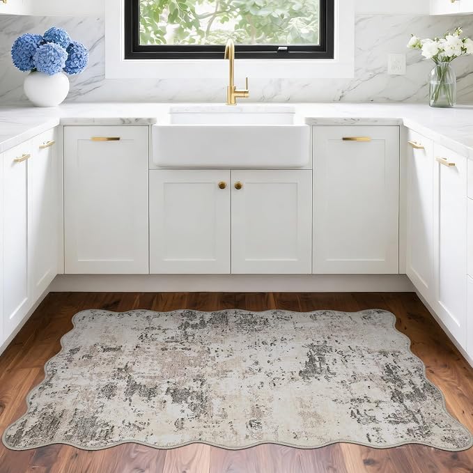 ROYHOME Modern Abstract 2x3 Scalloped Area Rug Non Slip Non Shedding Low Pile Stain Resistant Rug for Entryway Kitchen Bedroom,Brown Grey